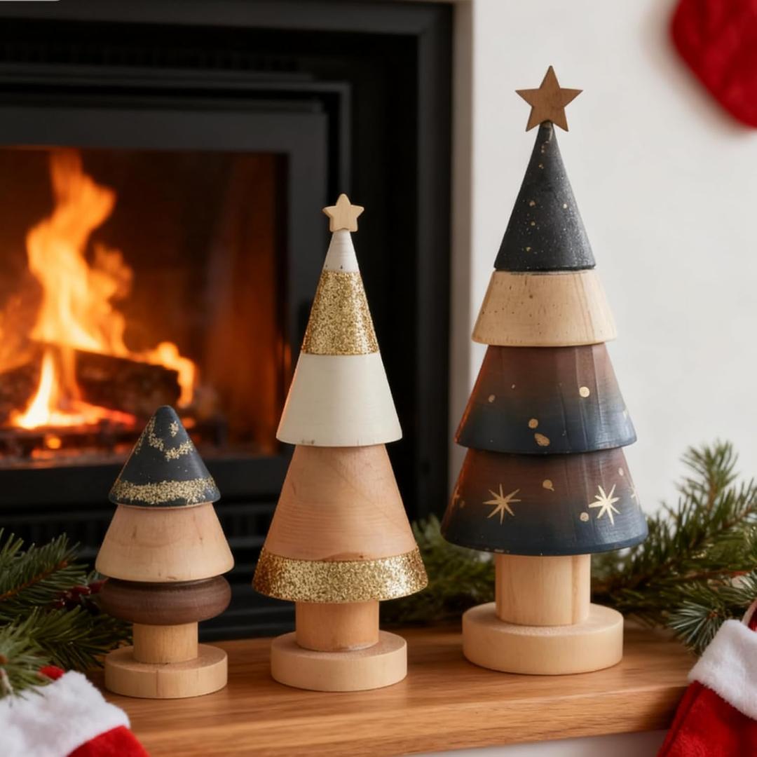 Pinkunn 3 Pcs Wooden Christmas Trees Rustic Farmhouse Christmas Tabletop Decor Handmade Wood Xmas Trees Centerpieces Farmhouse Rustic Boho Tiered Tray Decor for Xmas Home Office Desk Shelf Windowsill