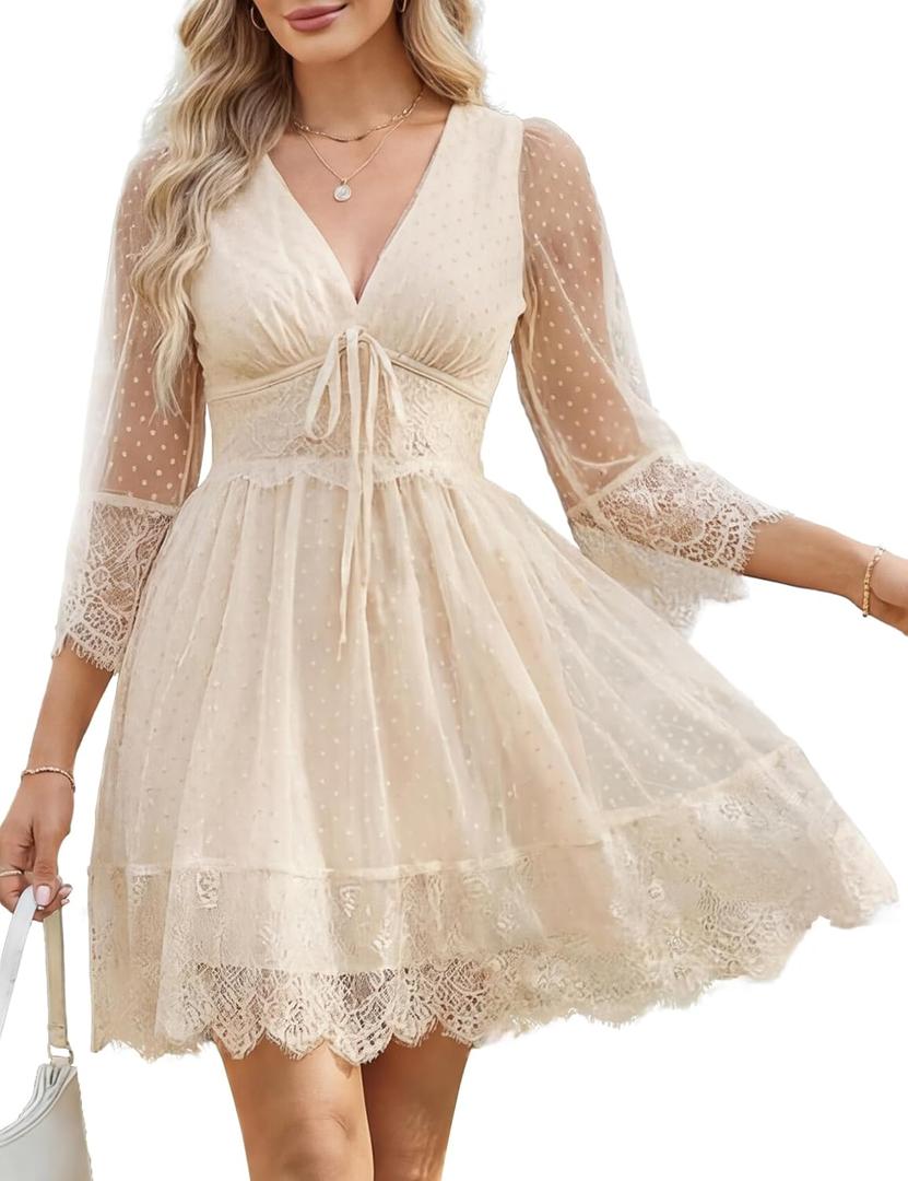 Florboom Women's Summer Boho Lace Patchwork Mini Dresses Deep V Neck Somcked Back Dress- Vacation, Wedding Guest (Beige, XL)