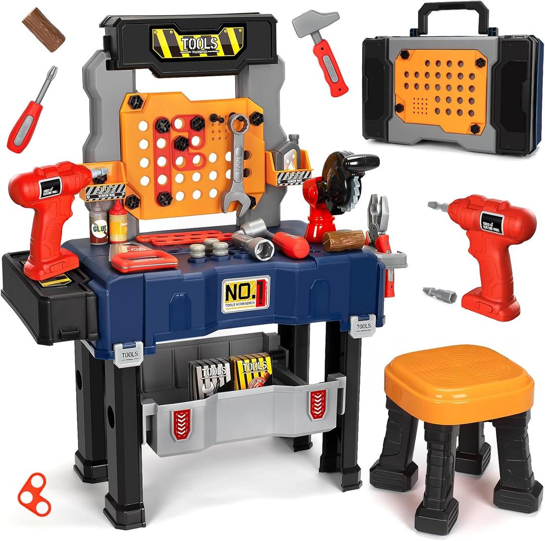 Kids Tool Bench Set with Electric Drill and Chair,Construction Workbench Toys for Toddlers 3-5,Kids Tool Play Set,Multifunctional Transformable Toolbox,Boy Gift for 3 4 5 Years Old