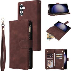 QLTYPRI Wallet Case for Samsung Galaxy A36, Premium Vintage PU Leather Zipper Pocket Case with Card Holder Slots Magnetic Closure Kickstand Wrist Strap Shockproof Flip Folio Cover - Coffee