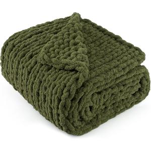 Chunky Knit Throw Blanket 50"X 60", 100% Handmade with Soft Chenille Yarn, 4.4lbs Thick Cable Knitted Blankets, Large Rope Knot Crochet Throws for Couch Sofa Bed Home Decor, Olive Green (50x60 inch)