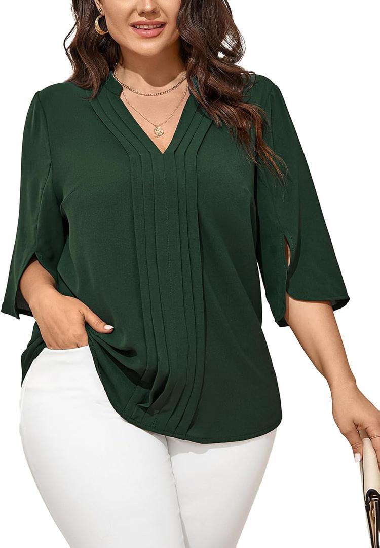 SCOMCHIC Women's Plus Size Blouses 3/4 Sleeve Dressy Tunic Tops Casual Loose V Neck Pleated Shirts (X-Large Plus, Emerald Green)
