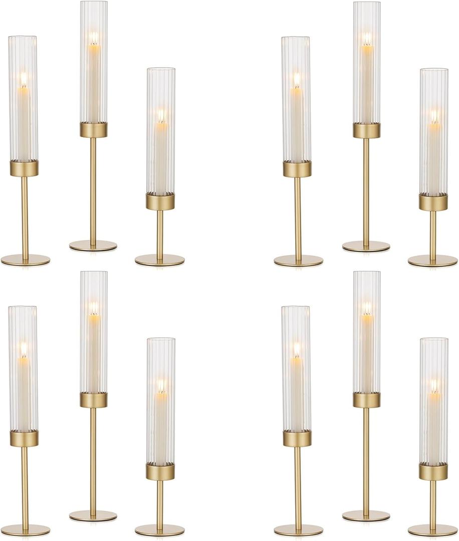 Hewory Gold Hurricane Candle Holders: 12 PCS Brass Tall Candlestick Taper Candle Holders Bulk for Candlesticks Candle Sticks Holder Decor for Table Centerpiece Wedding Party Christmas Decorations