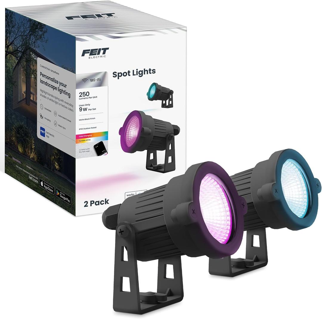 Feit Electric Smart Color Changing & Tunable White Outdoor Spotlights, 250 Lumens, Music Sync, Voice Control Compatible with Alexa & Google Home, Linkable, App Controlled, SPOT/RGBW/AG/2, 2-Pack