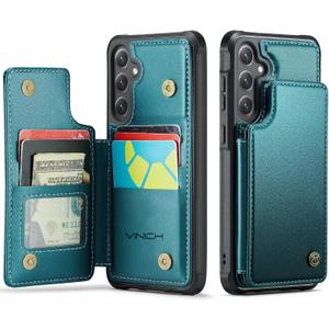 Vinich for Samsung Galaxy S24 FE Wallet Case with Card Holder, RFID Blocking Credit Slots Kickstand Shockproof Phone Cover Fit for Galaxy S24 FE 6.7" Bluish Green