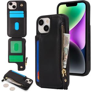 Cavor for iPhone 13 Case with Card Holder, for iPhone 14 Wallet Case for Women Men, Leather Magnetic Clasp Zipper Pocket Protective Phone Cover-Black