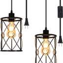 Plug in Industrial 2 Pack Farmhouse Pendant Light, Mini Cage Pendant Lighting in Black Finish with Crystal, Adjustable Length Hanging Light Fixture for Hallway, Bedroom, Living Room, Kitchen