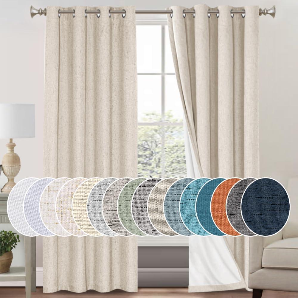 PrinceDeco Natural Linen Curtains 100% Blackout Linen Curtains for Bedroom Full Blackout Curtains 84 Inches Long Living Room Thermal Insulated Light Blocking Curtain Drapes White Backing, 2 Panels