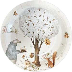 50PCS Animal Theme Paper Plates 7" Woodland Animal Party Plates Warm Yellow Forest Animals Mushroom Pattern Disposable Paper Plate for Wedding, Baby Shower, Birthday, Picnics