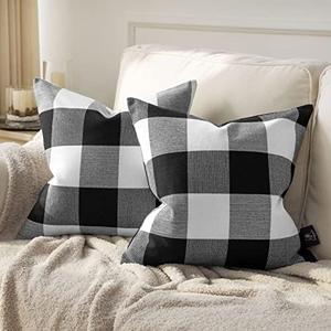 Phantoscope Pack of 2 Gingham Buffalo Plaid Christmas Throw Decorative Pillow Cover Outdoor Indoor Throw Pillows Farmhouse Square Pillow Cases for Home Decor Black and White,20 x 20 Inches