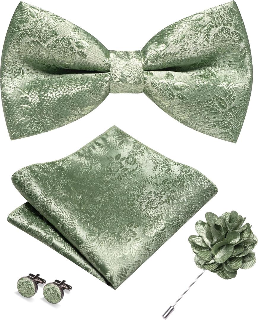 JEMYGINS Floral Pre-tied Bow Tie and Pocket Square Cufflinks Lapel Pin Sets for Men 4PCS