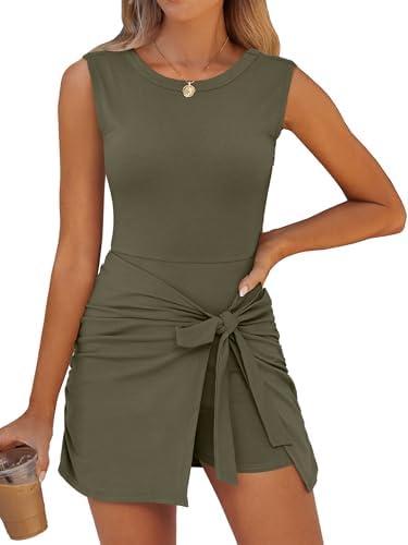 Caracilia Women Summer Sleeveless Bodycon Tie Cinched Waist Romper Skort Mini Dress Built in Shorts Night Out Vacation Dress Size S