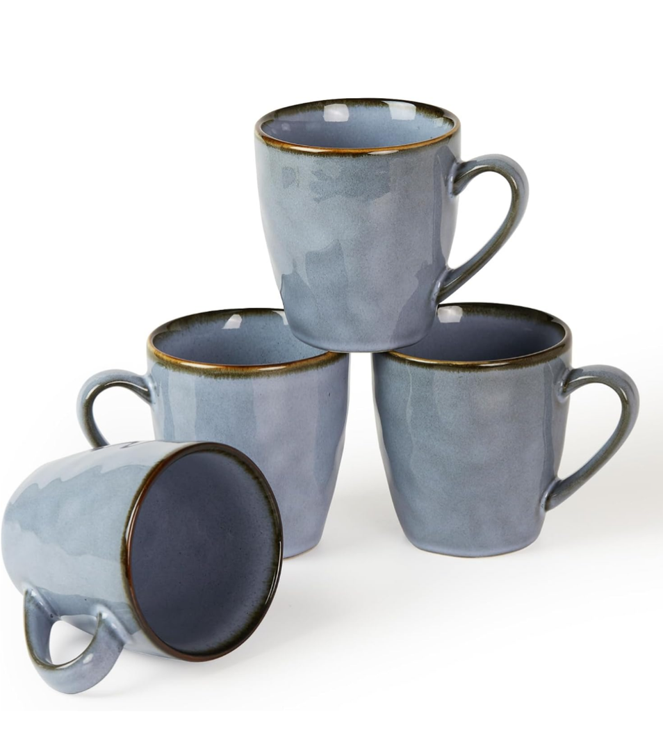 famiware Coffee Mugs Set of 4, Ocean Round 11.5oz Coffee Cup Set with Handle for Cocoa, Milk, Hot Chocolate, Tea or Water, Stoneware Cups for Kitchen, Reactive Glaze, Microwave Dishwasher Safe, Blue