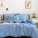 JELLYMONI 100% Natural Cotton 3pcs Striped Duvet Cover Sets,White Duvet Cover with Blue Stripes Pattern Printed Comforter Cover,with Zipper Closure & Corner Ties (Queen Size) (0903)