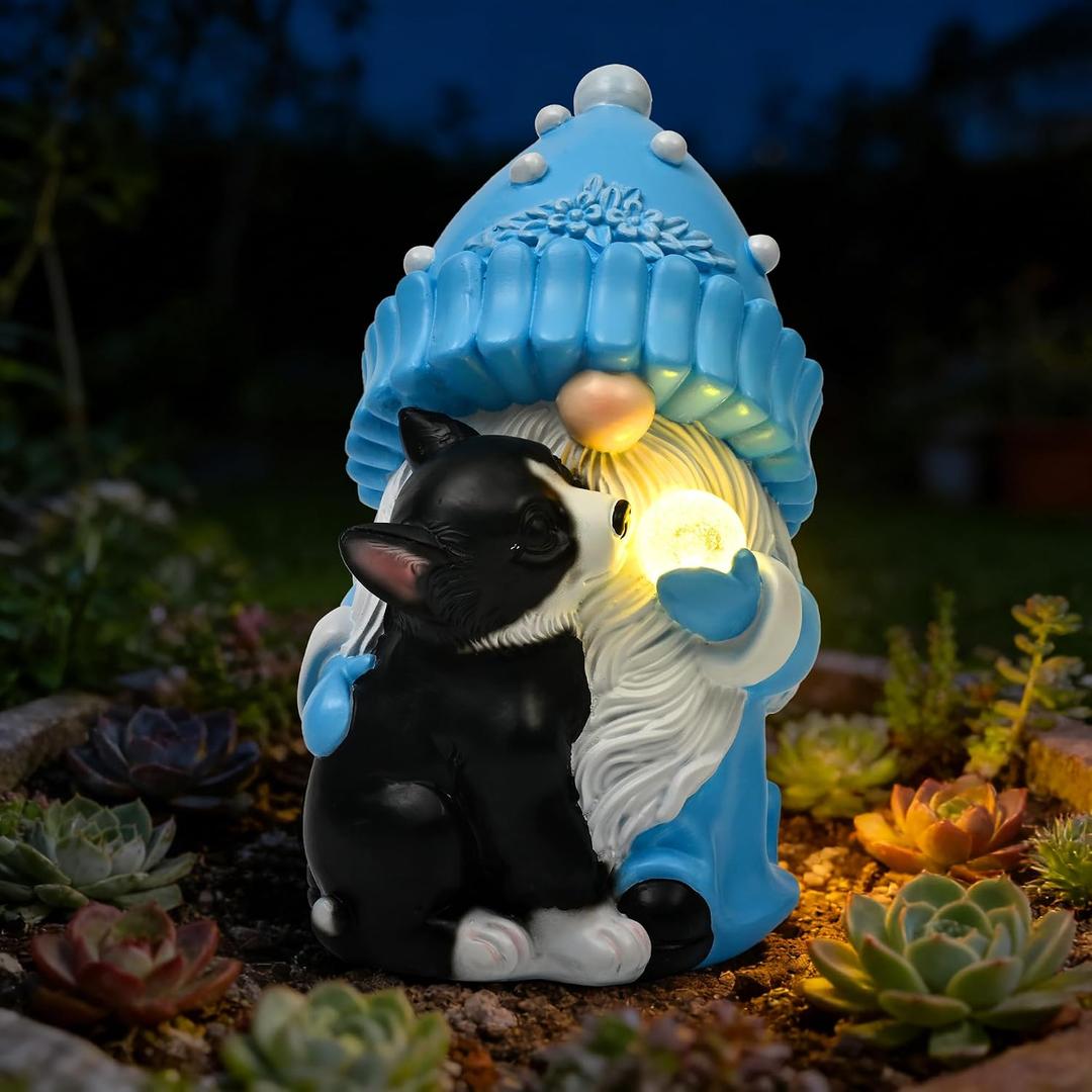 GIGALUMI Solar Garden Statue, Gnome with Dog Outdoor Decor, Gnomes Decoration Gifts with LED for Patio Yard Lawn Balcony, Christmas/Birthday Gift for Mom Women