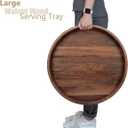 20 Inches Extra Large Round Black Walnut Wood Ottoman Tray with Handles, Serve Tea, Coffee or Breakfast in Bed, Classic Circular Wooden Decorative Serving Tray