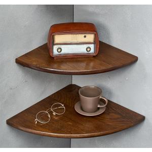 Corner Shelves, Floating Corner Shelf, Set of 2 16inch Solid Oak Wood Corner Wall Shelves, Round End with Wire Hole for Small Plant for Bedroom, Kitchen, Living Room (Walnut)