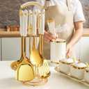 AQUAX Stainless Steel kitchenware seven Pieces Set (White Gold).Cooking Utensils 7 pcs Set with hanging shelf .Include Slotted Spoon, Slotted Spatula, Large Spoon, Soup Ladle, Spatula, Pasta spoon.