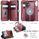 Defencase for iPhone 16 Magnetic Wallet Case Compatible with Magsafe with RFID Blocking Zipper Pocket & Card Holder for Women Men PU Leather Strap Detachable Case for iPhone 16 (6.1 inch), Wine Red