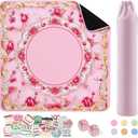 Pink Mahjong Mat for Table & 50PCS Stickers| Carrying Bag, Heavy Floral Mahjong Mats & 2 Dices, Noise Reduction Non Slip Foldable, 31.5x31.5 Game Table Cover, for Playing Card, Board Tile Games