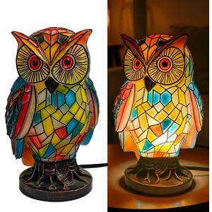 Tiffany Style Owl Table Lamp, Hand-Painted Vintage Resin Animal Desk Lamp, Colorful Owl Nightstand Light for Bedroom, Living Room, Nursery, Office, Unique Gift Idea for Mom, Women, Her