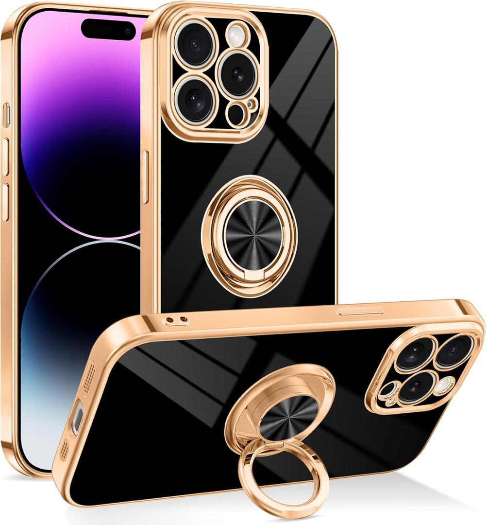Dinick Designed for iPhone 14 Pro Case with Ring Holder Soft TPU Bumper Glitter Plated Slim Cover for Women Men Finger Stand for iPhone 14 Pro Case Black and Gold
