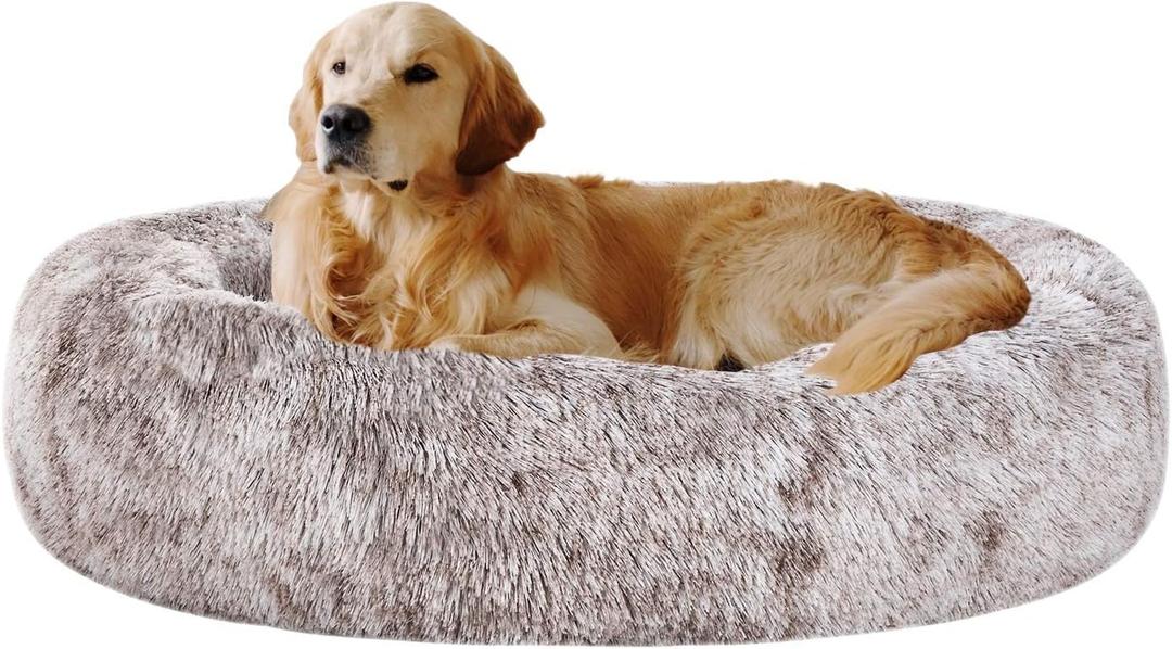 Coohom Oval Calming Donut Cuddler Dog Bed, Shag Faux Fur Cat Bed Washable Round Pillow Pet Bed(30"/36"/43") for Medium Dogs, XL( 36"x27"x7"), Light Brown