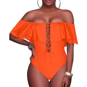 Tempt Me Women Sexy One Piece Swimsuit Ruffled Off Shoulder Lace Up Bathing Suit