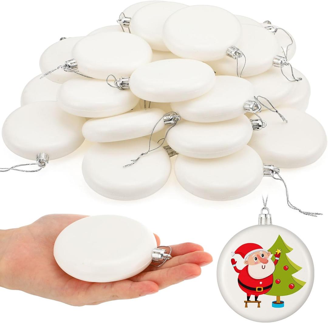 Zubebe 24 Pcs 3.15 Inch Christmas Blank White Ball Ornaments Plastic White Matte Flat Discs Christmas Ornaments Xmas Christmas Tree Hanging Ornament Decorations DIY Crafts Painting Drawing