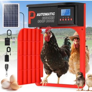 Upgrade Door Opening, Automatic Chicken Coop Door, Solar Powered Chicken Coop Door, Light Sensor&Timer, Remote Control, Multiple Power Options with Solar Panel (
Red
)