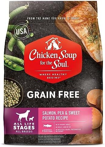 Chicken Soup for the Soul All Natural Premium Grain-Free All Life Stage Dry Dog Food, Real Meat First Ingredient, No By-Products, Added Taurine Supports Heart Health, Salmon, Pea & Sweet Potato, 22lb, Best Before: 03/24/26