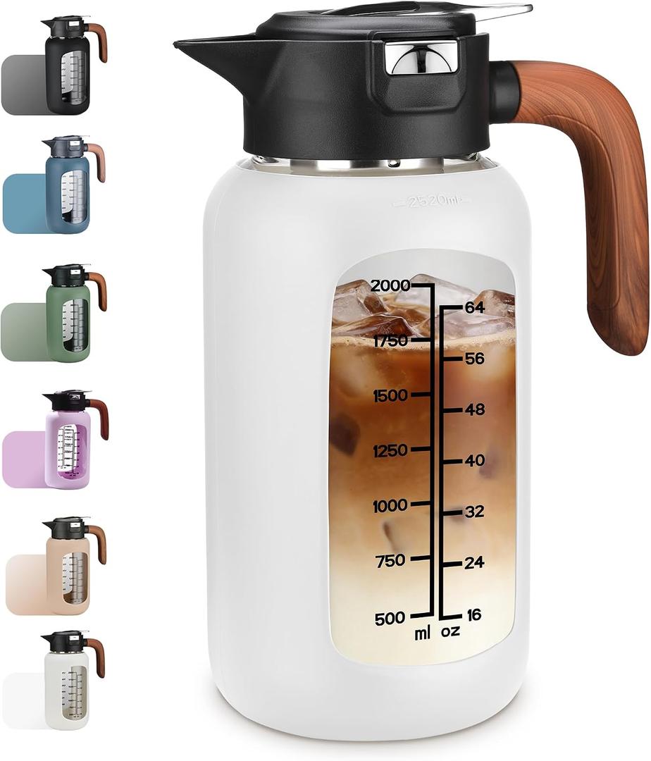 84oz Glass Pitcher with Lid and Handle Borosilicate Glass Water Jug/Carafe for Hot & Cold Beverages, 2.5Liter Large Pitcher with Silicone Sleeve & Wide Mouth, Fridge Safe for Iced Tea, Coffee, Juice
