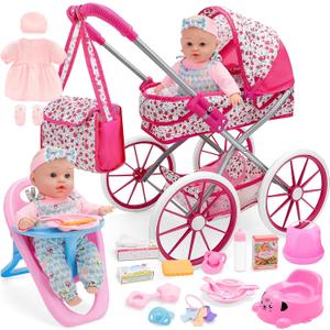deAO Baby Doll Stroller Set Baby Doll Accessories Playset Pretend Play Toys with 12" Baby Doll,Foldable Stroller,2 Sets Doll Clothes High Chair Christmas Birthday Gift for Toddler Girls 3-7, 43x19x27 cm