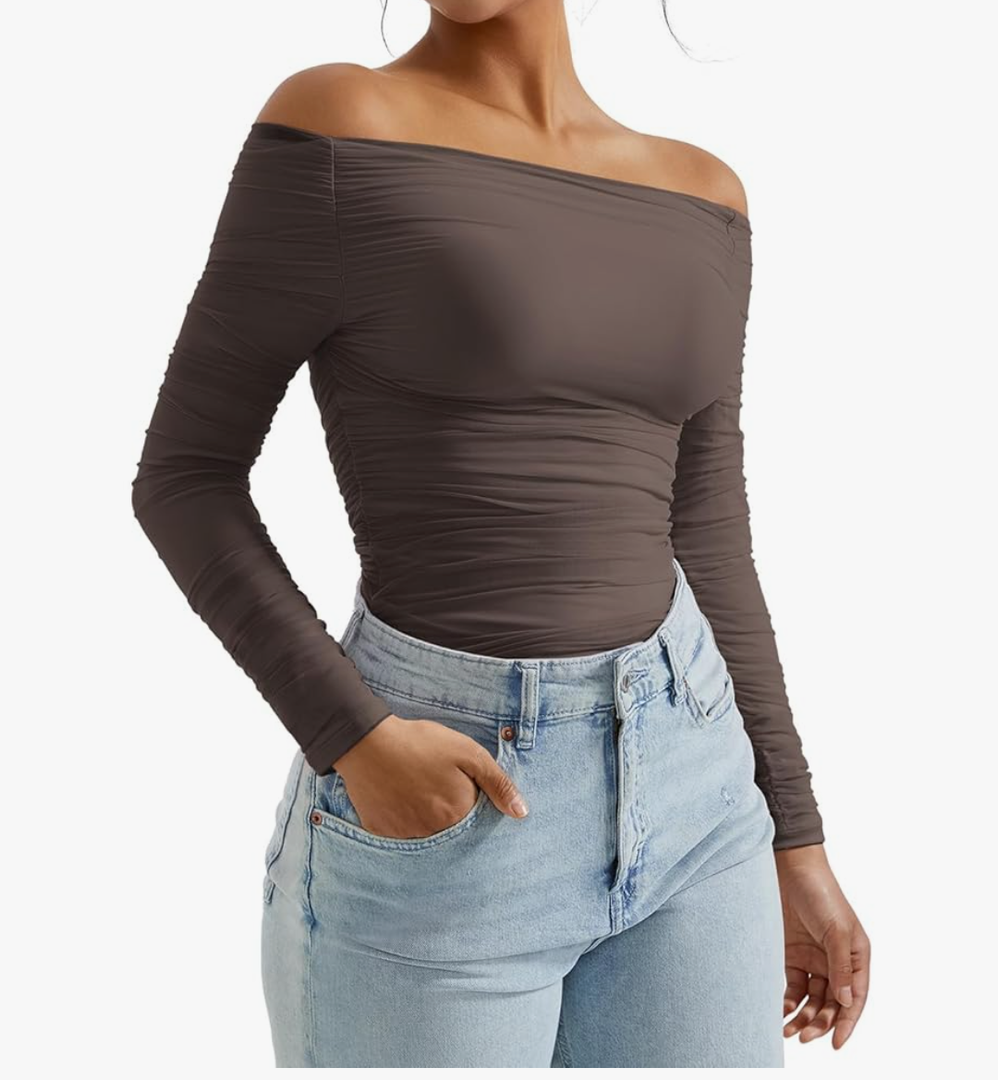 OMKAGI Women Long Sleeve Tops Sexy Off Shoulder Shirts Fitted Going Out Y2K Crop Top, Size L
