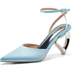 Coutgo Womens Kitten Heels Closed Pointed Toe Heart Heel Ankle Strap Satin Pumps Wedding Prom Dress Valentine Shoes, Size 8