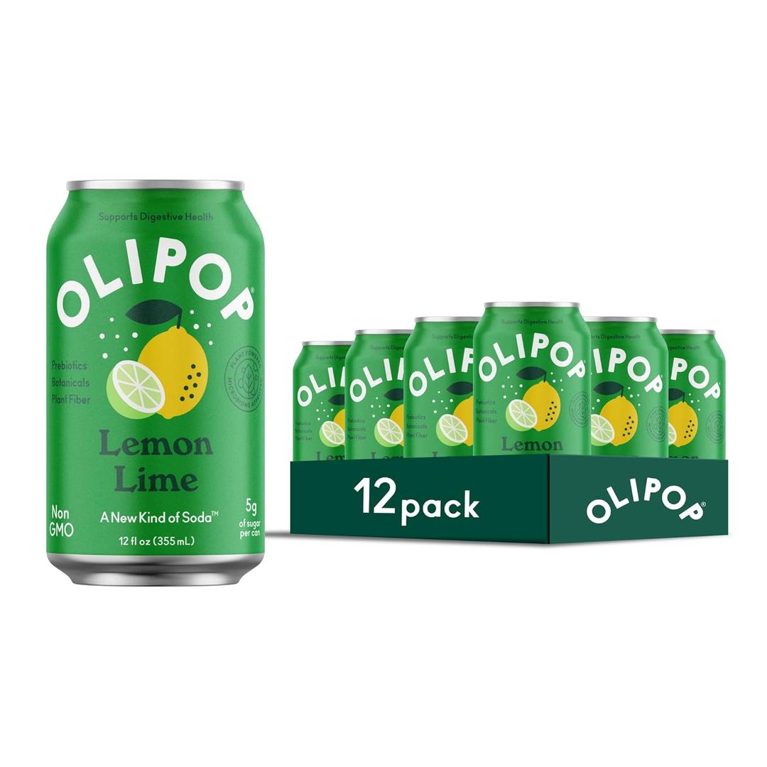 OLIPOP Prebiotic Soda Pop, Lemon Lime, Pantry Pack Packed with Prebiotics, Fiber, and Botanicals, Gluten Free, Vegan, GMO Free, 12oz (12-Cans)