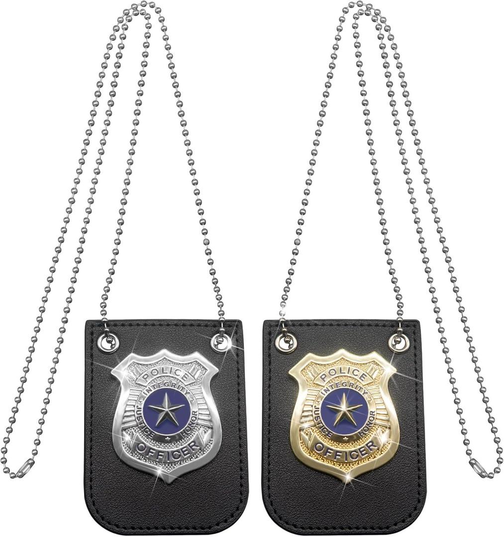 2 PCS Police Badge Pretend Play Toys Set with Chain and Belt Clip for Kids Dress Up Game, Detective Role Play