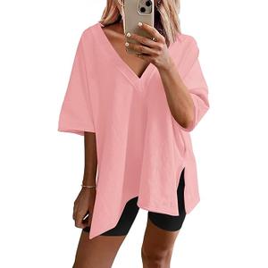LTSCNRM 2 Piece Outfits for Women Reversible Oversized T Shirt Biker Shorts Sets Workout Tracksuit, (Pink-M)