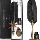 VANGOAL Vintage Black Feather Pen and Ink Set, Classic Series Goose Quill With Carving Stand, Calligraphy Nibs, Black Dip Ink, Antique Writing Gift for Writer