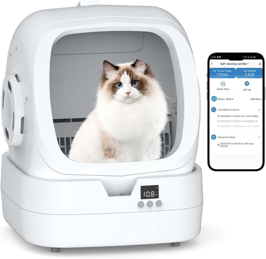 Mintakawa Automatic Cat Litter Box Self Cleaning - APP Control and Weight Monitoring - Ultra-Quiet, Suitable for Medium Cats and Kittens, Safe Anti-Pinch Litter Box (Assembly Required) - White, Large
