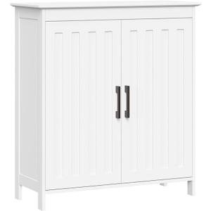 RiverRidge Monroe Two-Door Floor Storage Cabinet - Bathroom Storage Cabinet with Adjustable Shelves - Soft-Close Doors White Finish with Matte Black Handles