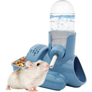 VANNON 3 in 1 Hamster Water Bottle No Drip Small Animal Water Bottle Automatic Bottle Dispenser with Food Container Base Hut and Hideout Base 4oz/120ml,Leekproof, BPA Free (Blue)