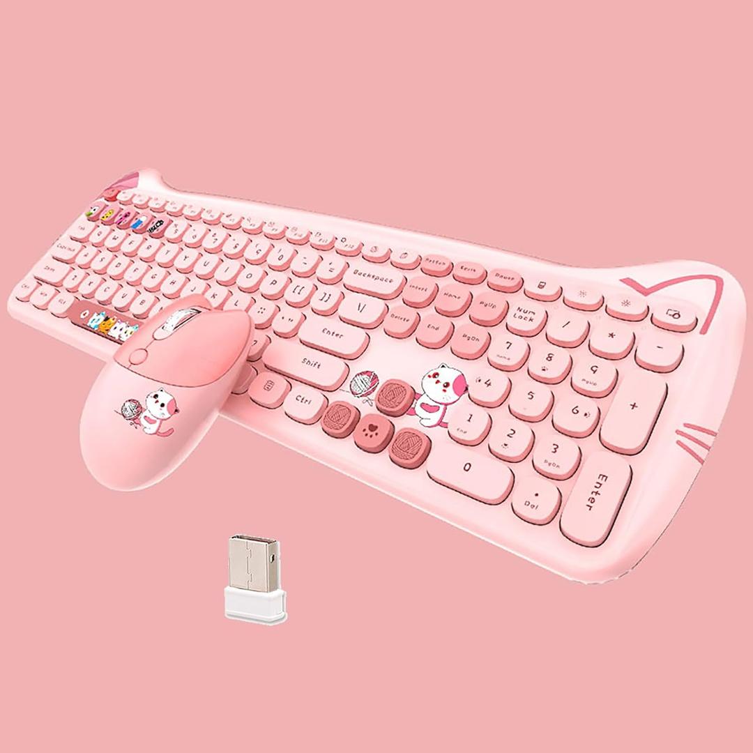 Cute Cat 2.4G USB Wireless Keyboard and Mouse Combo, Silent Keys, Candy Colors, Compatible with Notebook, PC (Pink-110Keys)