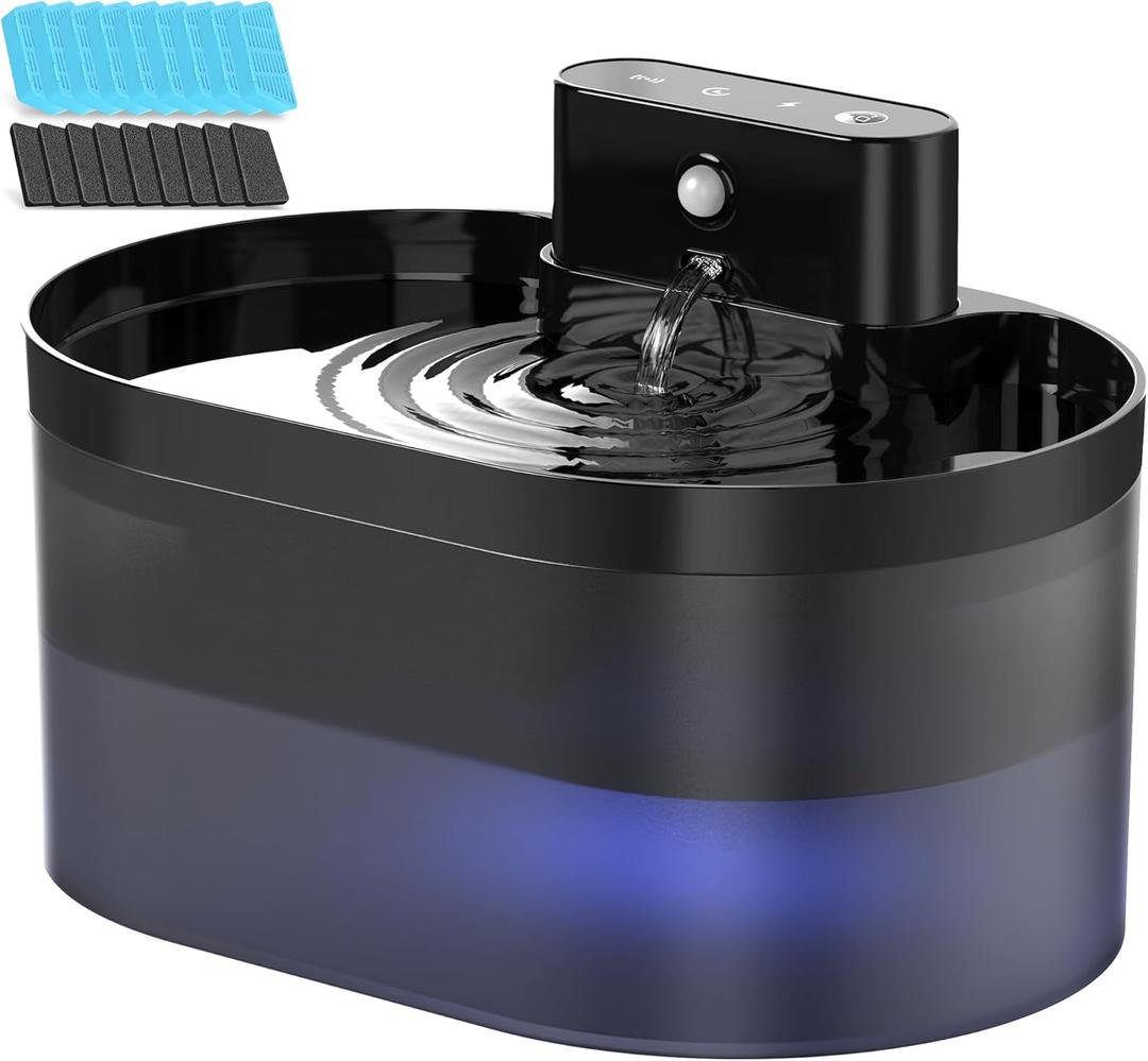 Wireless Cat Water Fountain: Pet Water Fountain Battery Operated, 74oz/2.2L Automatic Cat Water DispenserRechargeable Drinking Fountain for Cats Indoor with Motion Sensor,Fountain+6Sponges+6Filters