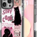 LOLAGIGI Case for iPhone 16 Pro, Pink Black Cat Art Collage Cute Kawaii Design Girly Aesthetic Cartoon Pattern for Women Girls Teens Transparent Acrylic Hard Case,6.3"