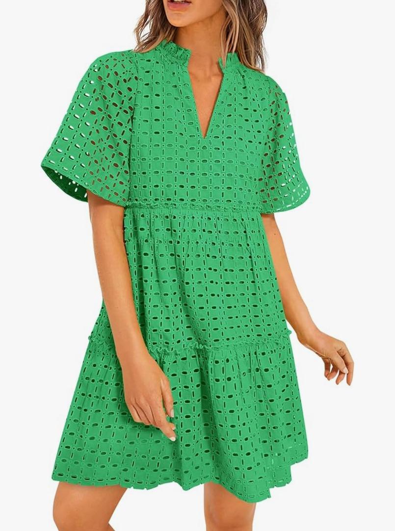 PRETTYGARDEN Eyelet Dresses for Women 2025 Summer Short Sleeve V Neck Hollow Out Ruffle A Line Boho Beach Vacation Mini Dress, XL