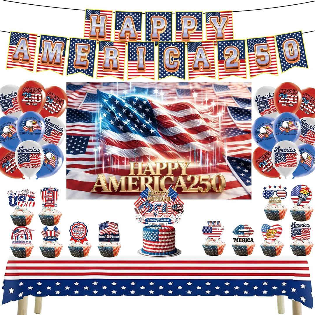 2 x America 250th Anniversary Party Decoration Kit, July 4th Decorations, Patriotic Banners, Balloons, Tablecloth, Cake Toppers, and Backdrop, 1776-2026 USA 250th Birthday