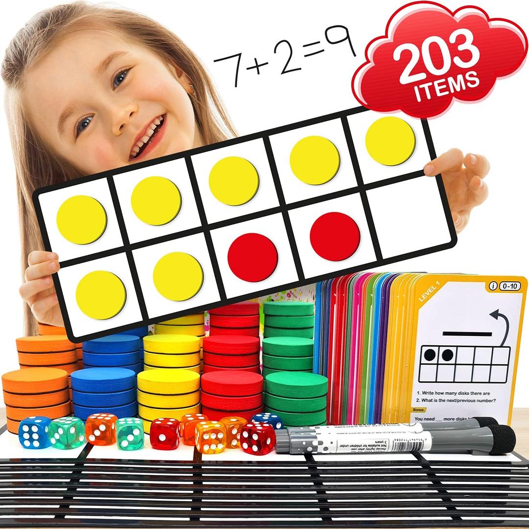 Magnetic Ten Frame Set: 8 Durable Ten-Frames + 100 Colorful Counters + 80 Math Flash Cards + 10 Dice - Addition & Subtraction - Math Manipulatives Kit for Home, Kindergarten & Elementary Teachers