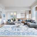 VIPBED 6x9 Area Rug, Washable Rug for Living Room Entryway Bedroom Kitchen, Vintage Medallion Carpet with Non-Slip Backing, Ultra-Thin Low Pile Boho Farmhouse Carpet for Home Decor, Blue