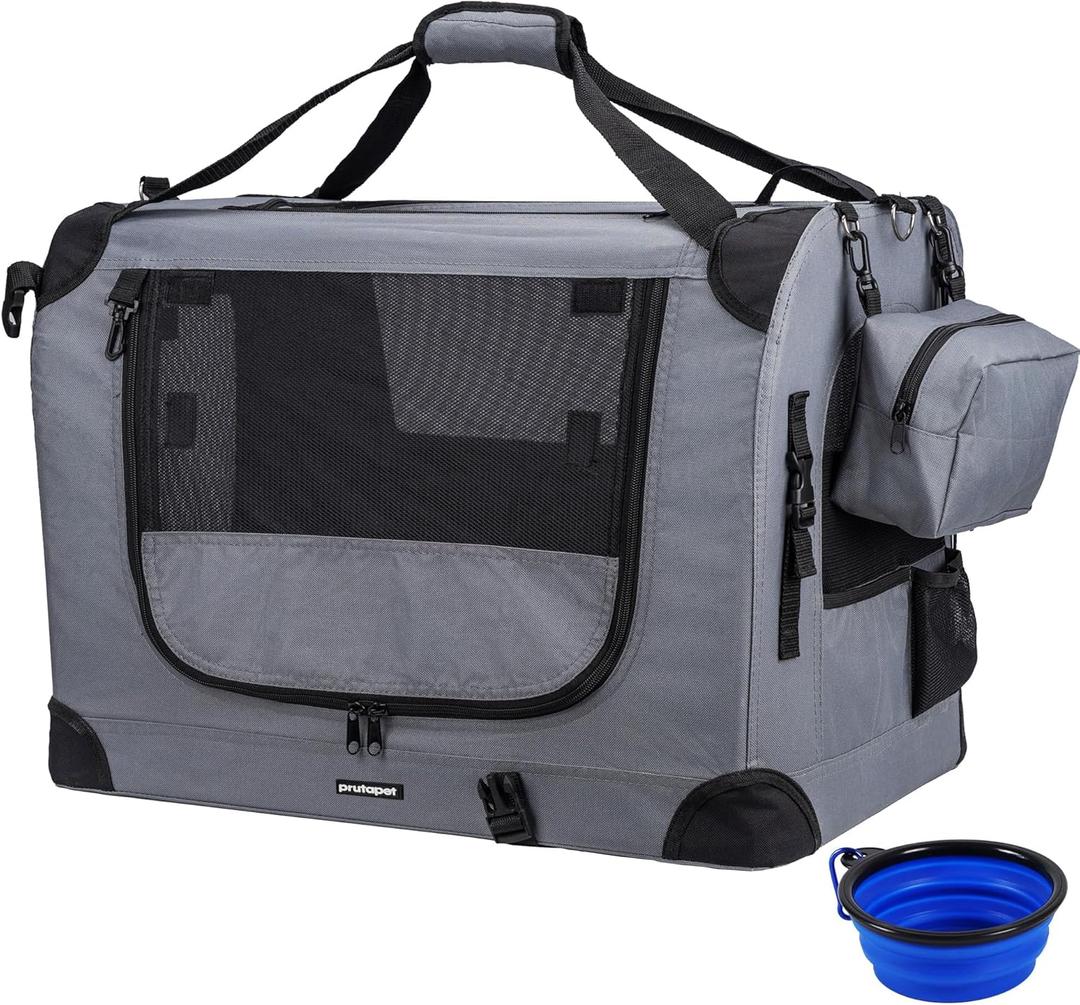 Large Cat Carrier 24"x16.5"x16.5" Portable Dog Crate for Small Medium Dogs Collapsible Traveling Pet Crate with Collapsible Bowl (Grey)